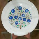 12" White Marble Round Serving Plate Lapis Malachite Inlay Kitchen Decor E1100