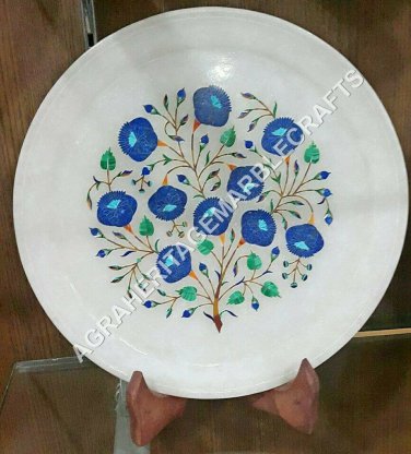 12" White Marble Round Serving Plate Lapis Malachite Inlay Kitchen Decor E1100