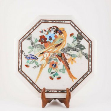 Marble Side Table 14"x14" Multi Stone Birds Pietradura Design Handmade Gift Deco