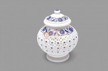 White Marble Flower Vase With Lid Decorative Centerpiece Lapis Inlay Art Decor
