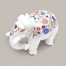 White Marble Handmade Trunk Up Elephant Semi Precious Floral Design Home Decor