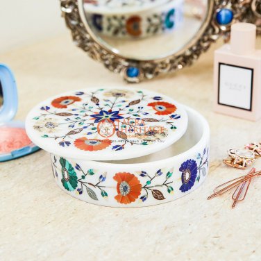 Marble White Round Jewelry Custom Box Carnelian Maruqtery Floral Fine Art Decor