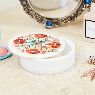 Marble White Handmade Jewelry Custom Organizer Box Carnelian Marquetry Decor Art