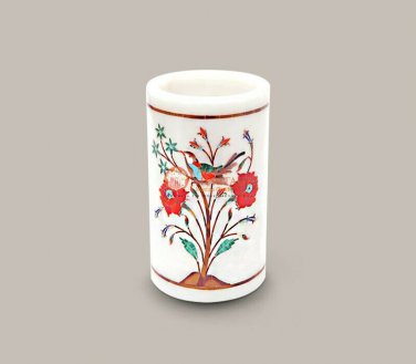 White Marble Pen Organizer Holder carnelian Marquetry Tree Floral Art Home Decor