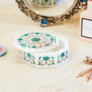 White Marble Handmade Collectible Jewelry Vintage Box Malachite Inlaid Decor Art White Marble Handmade Collectible Jewelry Vintage Box Malachite Inlaid Decor Art