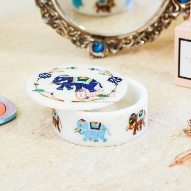 Marble Round Jewelry Lidded Box Lapis Elephant Inlaid Pietradura Floral Art Gift