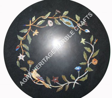 24" Black Marble Coffee Center Round Table Top Inlay Bird Floral Art Decor E645