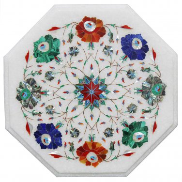 12" White Marble Coffee Corner Table Top Multi Stone Semi Precious Inlay Decor