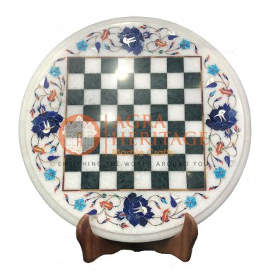 12" Marble Top Round Chess Table Lapis Floral Inlay Hallway Christmas Decor E120