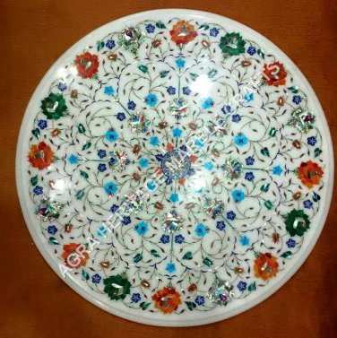 18" White Round Marble Coffee Round Table Top Multi Marquetry Floral Decor E1051