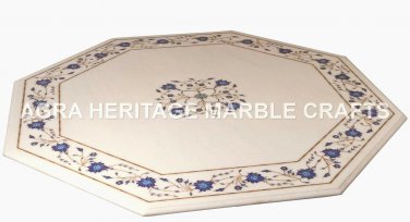 18" White Marble Coffee Table Top Lapis Lazuli Inlay Floral Hallway Decor H4698B