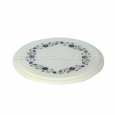 12" White Marble Round Coffee Table Top Lapis Lazuli Inlay Bedroom Decor H5002