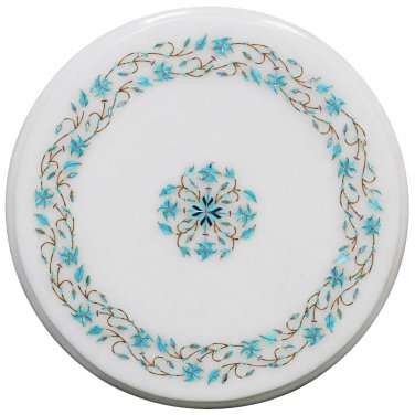 12" White Marble Coffee Center Table Top Turquoise Inlay Floral Art Paito Decor