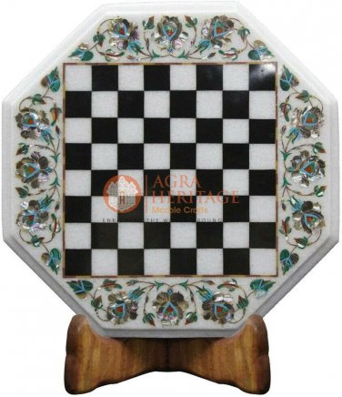13"x13" Marble White Chess Mosaic Table Top Pauashell Inlay Art Columbus Gift