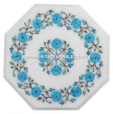 White Marble Coffee Center Table Top Turquoise Inlay Floral Hallway Decor H3058