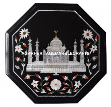 Black Marble Coffee Table Top Rare Tajmahal Marquetry Inlay Home Art Decor H1273