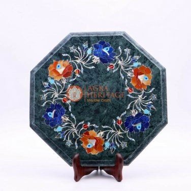 15"x15" Green Marble Top End Table Lapis Inlaid Pietradura Floral Art Home Decor