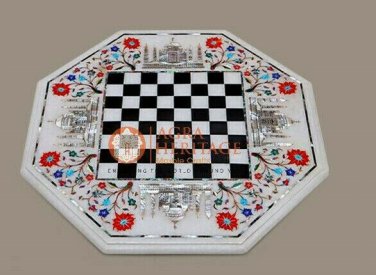 Marble Chess Board Coffee Table Top Inlay Taj Mahal Floral Design Living Decor
