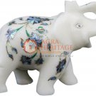 3" Marble White Elephant Statue Pauashell Inlaid Floral Art Thanksgiving Gift