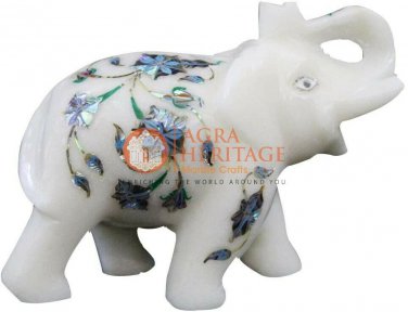 3" Marble White Elephant Statue Pauashell Inlaid Floral Art Thanksgiving Gift