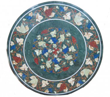 36" Green Marble Dining Table Top Pietra Dura Inlay Art Housewarming Gift Decor
