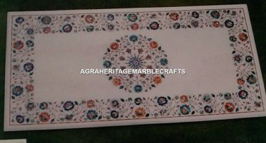 White Marble Dining Table Pietradura Art Inlay Work Outdoor Mosaic Decor H3117
