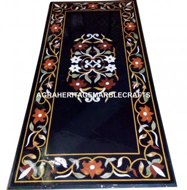 Black Marble Dining Center Table Top Rare Inlaid Mosaic Art Outdoor Decor H2490