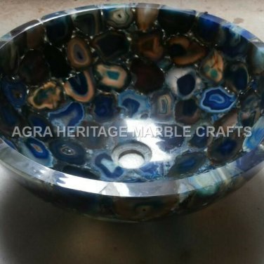 Blue Agate Marble Round Wash Basin Sink Random Inlaid Hallway Kitchen Decor E419
