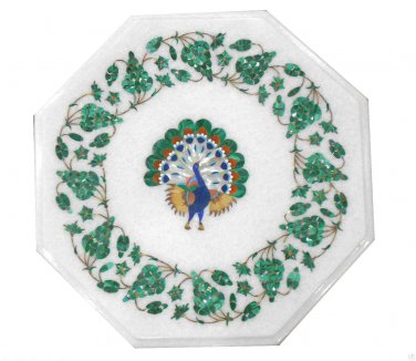 12" Marble Coffee Table Top Malachite Inlay Grapes Floral Peacock Design Decor