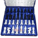 King Size 3" Marble Chess Pieces With Blue Velvet Box Handmade Chess Lovers
