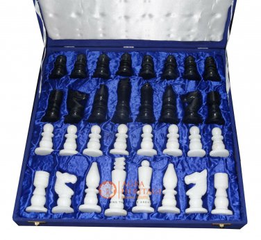 King Size 3" Marble Chess Pieces With Blue Velvet Box Handmade Chess Lovers