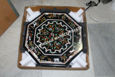 24" Black Marble Coffee Center Table Top Animal Collectible Inlaid Decor H3407