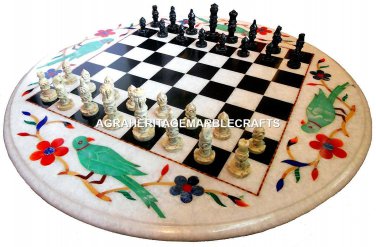 24" White Round Marble Chess Coffee Table Parrot Inlay With Floral Decor H4462