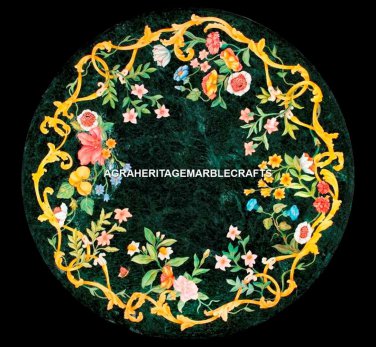 Green Marble Round Dining Table Top Floral Antique Inlay Occasional Decor H5309