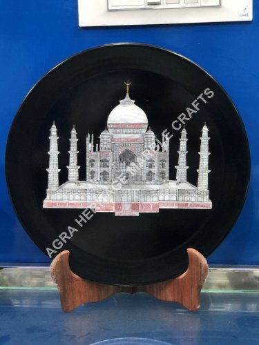 12" Black Marble Round Plate Taj Mahal Inlay Historical Art Kitchen Decor E154