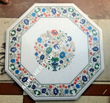 18" White Marble Coffee Garden Table Top Multi Marquetry Inlay Patio Decor H5382