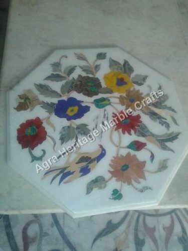 24"x24" Inch White Marble Coffee Table Top Birds Marquetry Patio Garden Table