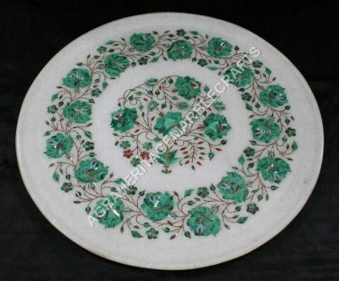 15" White Marble Serving Round Plate Malachite Inlay Floral Kitchen Decor E1386