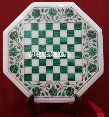 White Marble Coffee Chess Table Top Malachite Inlay Playroom Home Decor H3698