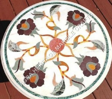 24" White Round Marble Coffee Table Top Handmade Inlay Hallway Patio Decor H4795