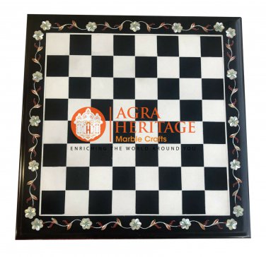 15" Black Marble Chess Side Center Top Table Inlay Stone Furniture Decor E1203