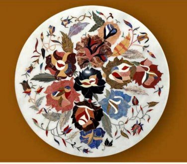 24" Marble Coffee Table Top Floral Design Mosaic Inlaid Pietra Dura Handmade Art