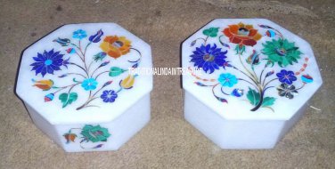 4"x4"x2" White Marble Two Pcs Jewelry Box Multi Inlay Floral Christmas Gift