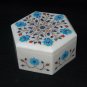 Marble Hexagon Jewelry Box Turquoise Floral Inlay Art Semi Precious Decor Gifts