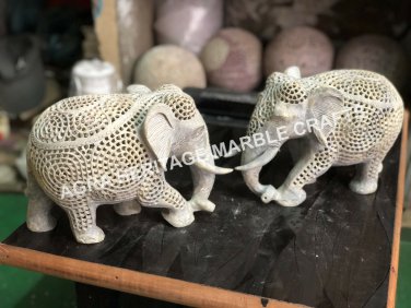 6" Natural Soapstone Marble Trunk Down Lattice Elephant Handmade Home Decor E162