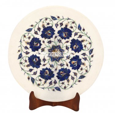 12'' Marble Plate Lapis Malachite Inlay Floral Marquetry Arts Home Decor H3580