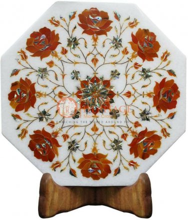 12"x12" White Wall Tile Carnelian Pietradura Floral Inlay Work Christmas Gift