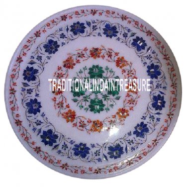 15" White Marble Serving Plate Lapis Marquetry Inlay Art Beautiful Decor Gifts
