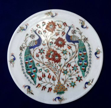 11" Marble Rare Plate Decorative Peacock Dancing Pietra Dura Inlay Gifts Decor