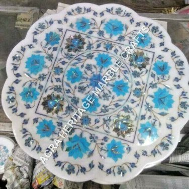 16" White Marble Serving Plate Turquoise Inlaid Floral Arts Kitchen Decor E1141